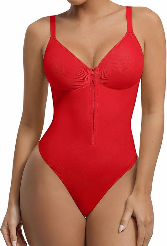 zosea store FeelinGirl Shapewear Bodysuit Tummy Control for Women Zip-Up Shapewear Thong Sculpting Snatched Waist V Neck Body Shaper